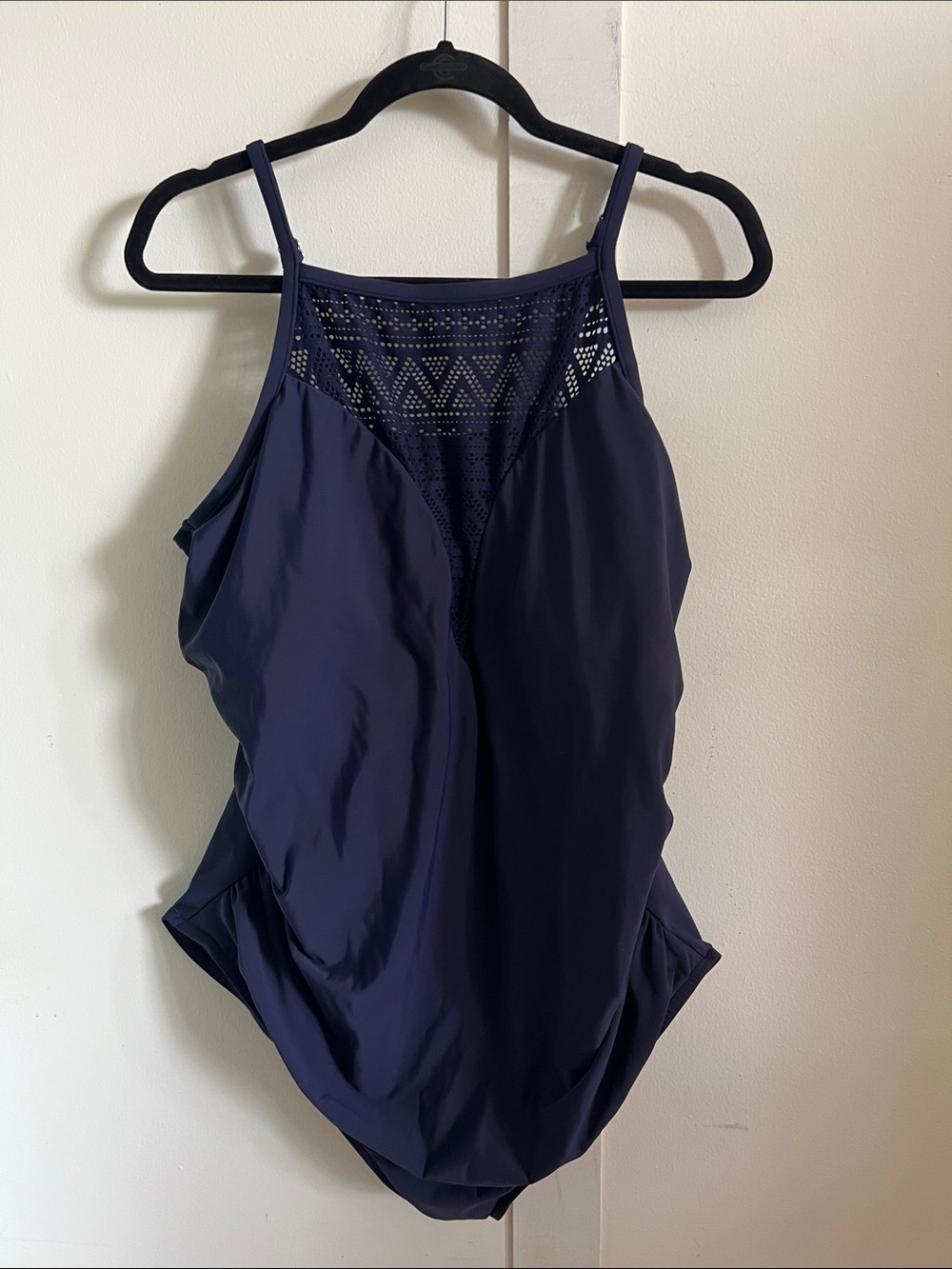 Aqua Green Navy Blue One-Piece Swimsuit with Crochet Yoke